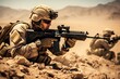United States Navy special forces soldier with assault rifle in the desert, United States Marine Corps Special forces soldiers in action during a desert mission, AI Generated