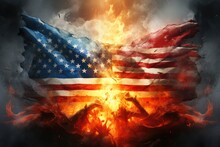United States Of America Flag Burning In Flames With Smoke And Fire Effect, Usa Vs Russia War Flags Divided With Fire, AI Generated