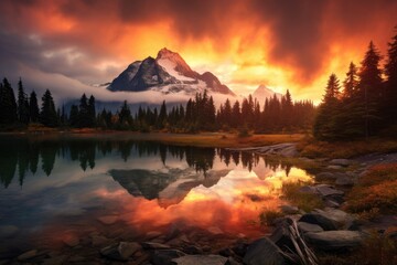 Canvas Print - Sunset over Mount Rainier National Park, Washington, USA, View from Picture lake of Mount Shuksan while the sunrise breaks through a incoming storm during the fall season, AI Generated