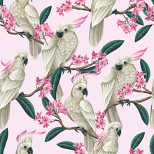 Seamless Pattern With Cockatoo, Tropical Leaves And Flowers. Vector.