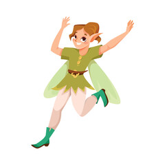 Poster - Elf and Fairy Girl Character with Wings and Green Costume Run Vector Illustration