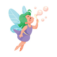 Poster - Cute Fairy and Little Pixie with Wings Soap Bubble Vector Illustration