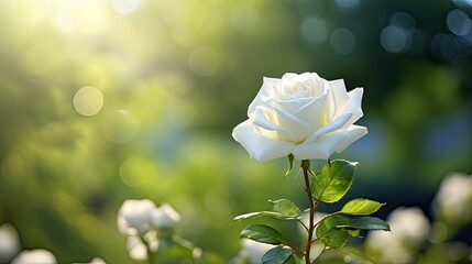 Wall Mural - In the summer garden, a beautifully isolated white rose, with its delicate texture and vibrant color, adds a touch of nature's beauty to the wedding design, symbolizing love and happiness in the light