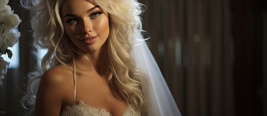 Sticker - A stunning woman radiated joy on her wedding day, surrounded by people clad in fashionable attire, as her long white hair cascaded over her beautiful outfit within the luxurious interior. Her beaming