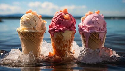 Poster - Refreshing ice cream cones in various fruity flavors on a sunny table generated by AI