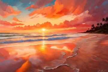 Wall Mural - A tranquil beach with gentle waves, the sky painted with a palette of warm colors as the sun sets behind fluffy clouds.