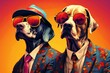 Two dogs dressed in a suit and tie, looking stylish with sunglasses. Perfect for fashion-related projects or humorous content
