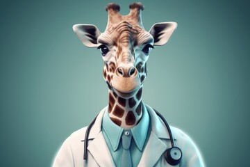 Wall Mural - A professional giraffe wearing a lab coat and stethoscope. This image can be used to represent veterinary care, animal research, or healthcare for animals.