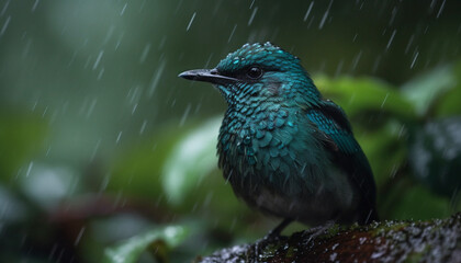 Poster - Starling perching on wet branch, eye focused on raindrop generated by AI