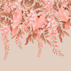 Wall Mural - Border with acacia flowers, parrots and leaves. Vector.