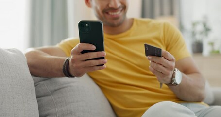 Sticker - Hands, credit card and phone on sofa for online shopping, e commerce payment or internet subscription at home. Happy man relax on couch with mobile app banking, loan or sign up for streaming service