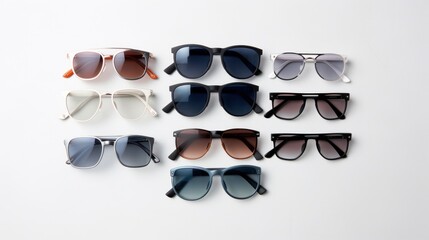 Poster - An overhead shot of a flat lay featuring a variety of sleek and modern sunglasses