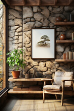 Painting On A Stone Wall And Wooden Shelves And Old Vases