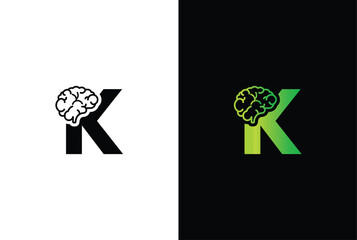 Wall Mural - Initial letter K brain logo and icon vector illustration template design. Letter K Brain Idea Logo.