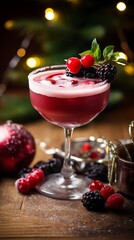 Wall Mural - Alcohol drink with berries in high glass. Alcohol cocktail for winter bar menu