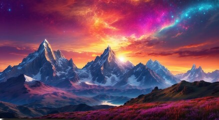  A serene and otherworldly landscape, with towering mountains and a breathtaking sunrise that illuminates the vastness of the cosmos - AI Generative