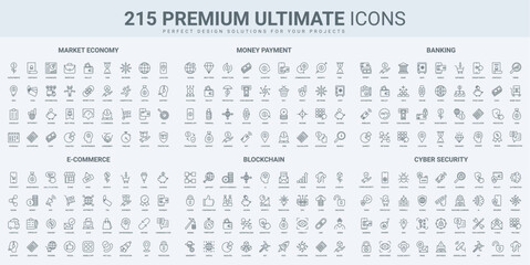 Poster - Ecommerce, cryptocurrency and money payment online, data protection thin black line icons set vector illustration. Outline symbols of wallet and delivery, sales in retail shop, blockchain and mining