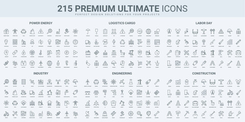 Power industry and energy, delivery and cargo, construction thin black line icons set vector illustration. Outline symbols of engineers work and labour, eco factory and green technology, logistics