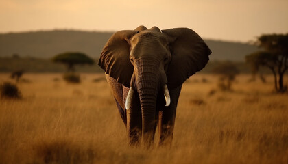 Wall Mural - African elephant walking in the wilderness, looking at camera generated by AI