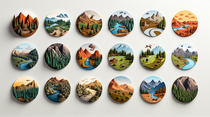 set of round icons with various landscapes