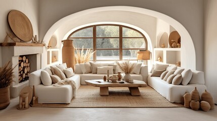 Boho home interior design of modern living room in mediterranean farmhouse, panorama, Generative AI