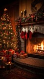 Fototapeta Nowy Jork - decorated Christmas tree, presents, and a roaring fire in the fireplace