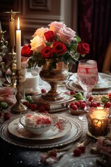 A beautifully arranged table set for a holiday dinner, featuring elegant candles and romantic roses. Perfect for festive occasions and special celebrations.