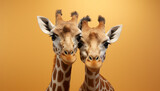 Fototapeta  - Cute giraffe looking at camera, grazing in African savannah generated by AI