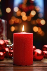 Sticker - A red candle sitting on top of a wooden table. Can be used for home decor, cozy ambiance, or religious themes.