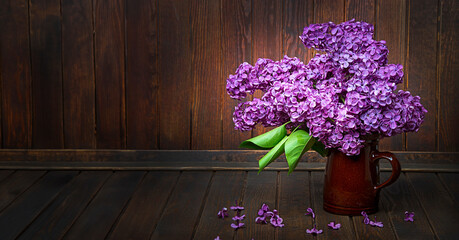 Poster - pink lilac and old wooden background