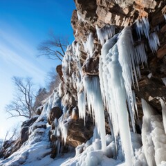 Wall Mural - frozen waterfalls and icicles hanging from the cliffs