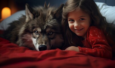 Sticker - a cute little girl in red dress with a big wolf 