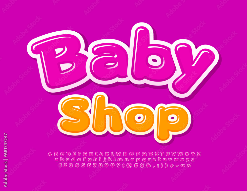 Vector cute sign Baby Shop with Cute pink Font. Playful Alphabet ...