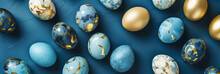 Ornate Decorated Blue And Gold Easter Eggs Pattern On A Dark Blue Background