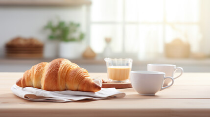 Poster - Freshly baked croissant is presented on a plate next to a white coffee mug and a small bowl of nuts, all arranged on a wooden table with a warm, inviting light.