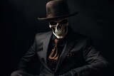 Fototapeta  - Skeleton in a black suit and hat, businessman or gangster. Generative AI