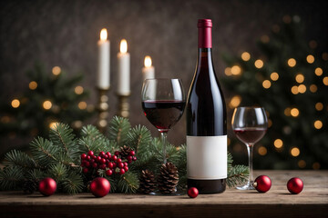 Red wine bottle with blank label template and Christmas ornaments on wooden table. Bottle and glasses of red wine on christmas table with blurred christmas tree in background. banner with copy space