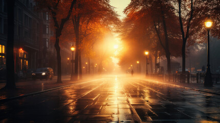 Foggy autumn morning in town