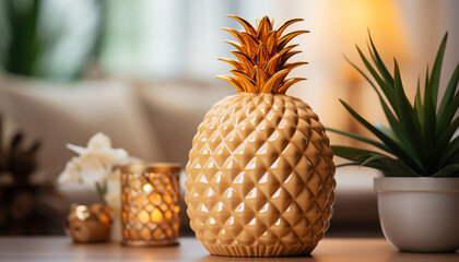 Wall Mural - Bright pineapple vase brings tropical freshness to modern living room generated by AI