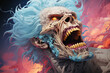 a ghoul, a living dead man. open mouth and big fangs. male zombie, vampire. colorful illustration.