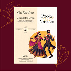 Wall Mural - Vector traditional royal wedding invitation card design with Indian Bride and Groom dancing