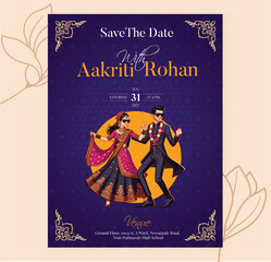 Wall Mural - Vector traditional royal wedding invitation card design with Indian Bride and Groom dancing