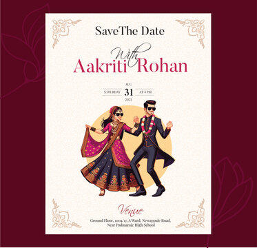 Vector traditional royal wedding invitation card design with Indian Bride and Groom dancing