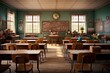 1950s-style classroom with orderly rows of wooden desks, a classic blackboard adorned with colorful posters and teaching aids, capturing the essence of retro education in a realistic photo