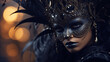 the Carnival of Venice. girl in a black spectacular mask, close-up. the Venetian masquerade.