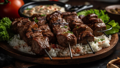 Wall Mural - Grilled meat skewers with fresh vegetables and homemade spice seasoning generated by AI