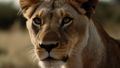 Wall Mural - Majestic lioness staring, alert in the wilderness, beauty in nature generated by AI