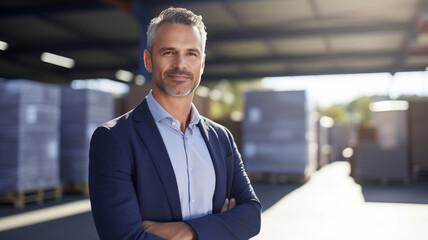 Wall Mural - Portrait of man factory owner or manager in business suit on background warehouse. Banner industrial plant process, sunlight