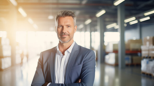 portrait of man factory owner or manager in business suit on background warehouse. banner industrial