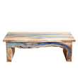 A unique wooden coffee table featuring coastal blue resin, mimicking the ocean's waves.